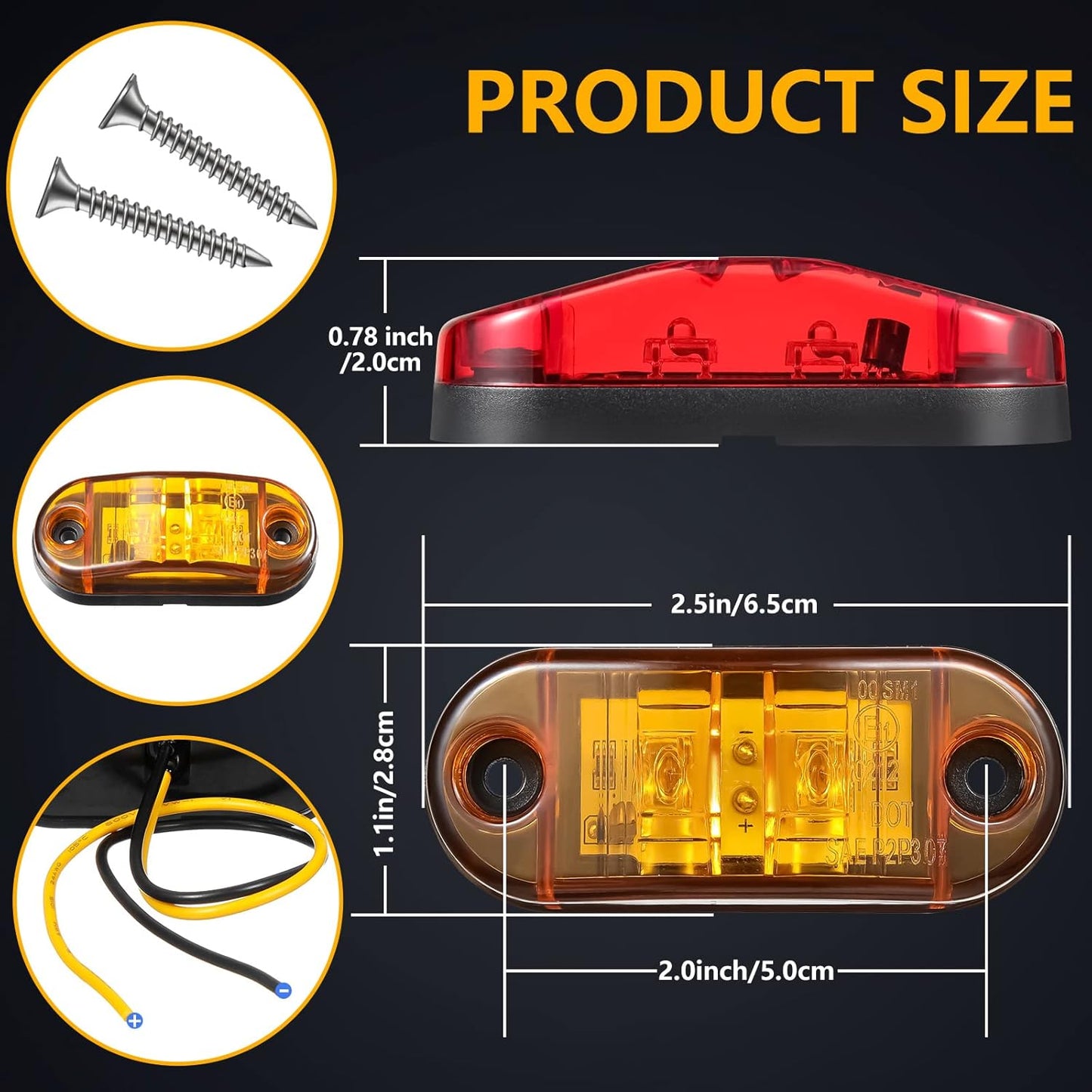10 Pcs 2.5 Inch LED Trailer Lights 2 Diode Waterproof LED Trailer Side Marker Lights Oval Signal Running Lights For Truck Boat RV(Amber, Red) - Image 2