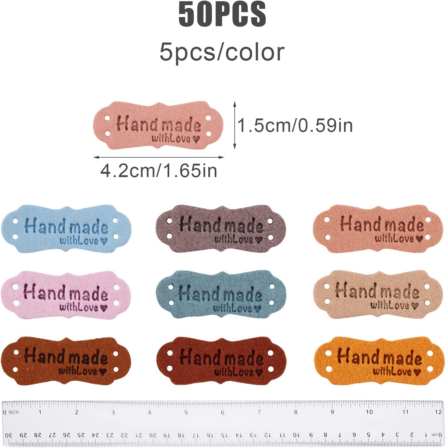 SAVITA 50 x Handmade Leather Labels with Microfibre Woven Leather Labels with Love Hearts for Crafts, Knitting, Handbags, Clothes (10 Colours) - Image 2