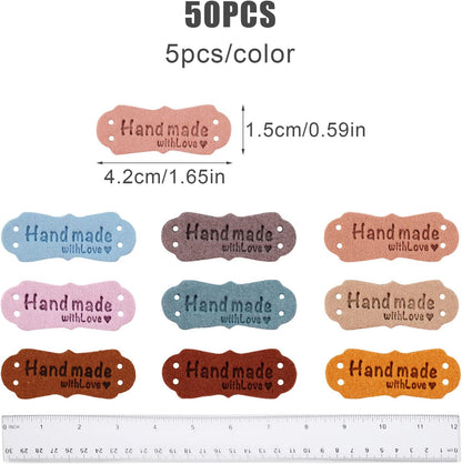SAVITA 50 x Handmade Leather Labels with Microfibre Woven Leather Labels with Love Hearts for Crafts, Knitting, Handbags, Clothes (10 Colours) - Image 2
