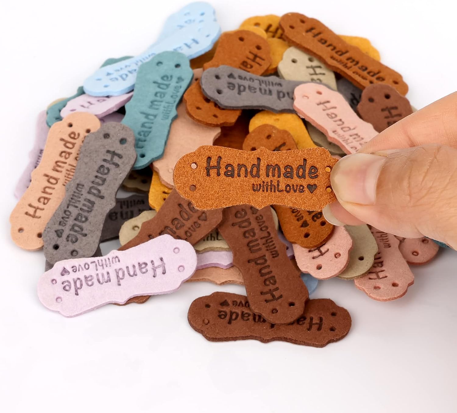 SAVITA 50 x Handmade Leather Labels with Microfibre Woven Leather Labels with Love Hearts for Crafts, Knitting, Handbags, Clothes (10 Colours) - Image 4