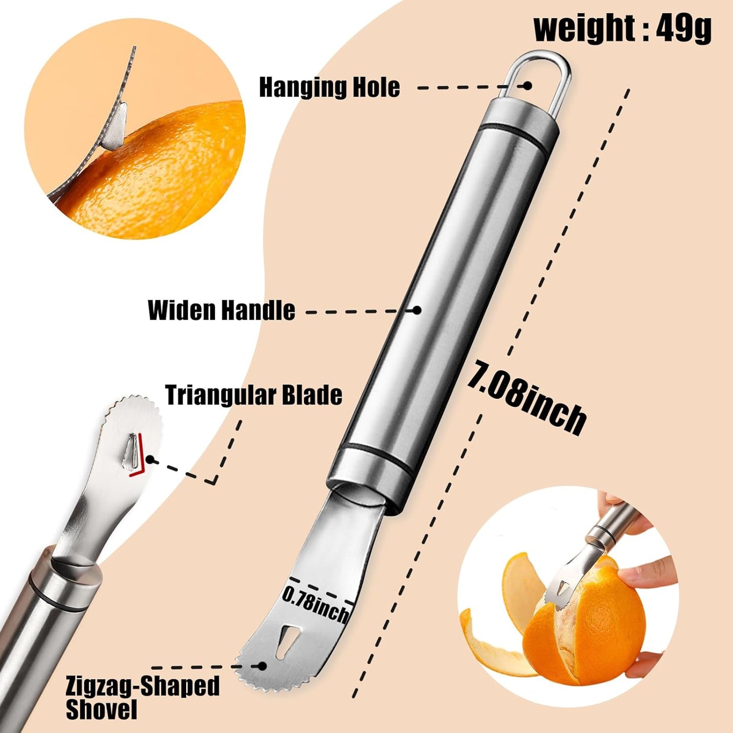 Stainless Steel Orange Peeler，with Handle Orange Citrus Peeler Tool Easy Orange Peeler Triangle Shovel and Serrated Shovel Orange Peeler Kitchen Gadgets,with 1Pcs Hooks - Image 2