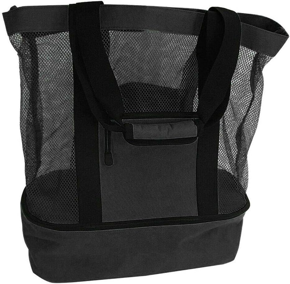 Mesh Beach Tote Bag with Detachable Insulated Beach Cooler Compartment Waterproof Sandproof Picnic Pool Bag, Black, Large
