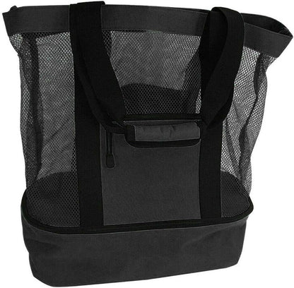 Mesh Beach Tote Bag with Detachable Insulated Beach Cooler Compartment Waterproof Sandproof Picnic Pool Bag, Black, Large