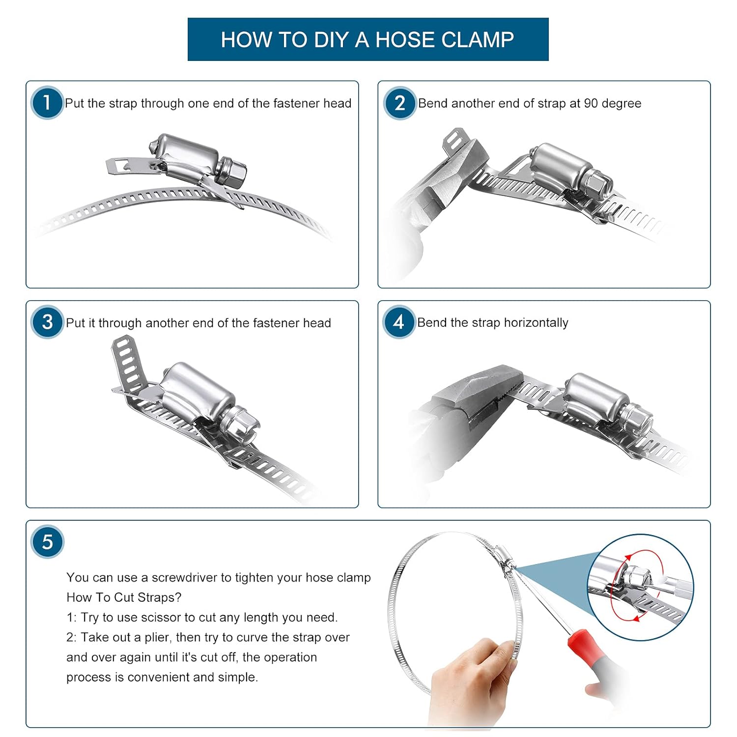 Hoses Clamps, Clamps Worm, Worm Clamps Stainless Steel, Large Hose Clamp Worm Drive Hose Clamps Adjustable Pipe Hose Clamp for Intercooler, Pipe, Plumbing, Tube and Fuel Line (9 Pieces,11.5 Feet) - Image 2