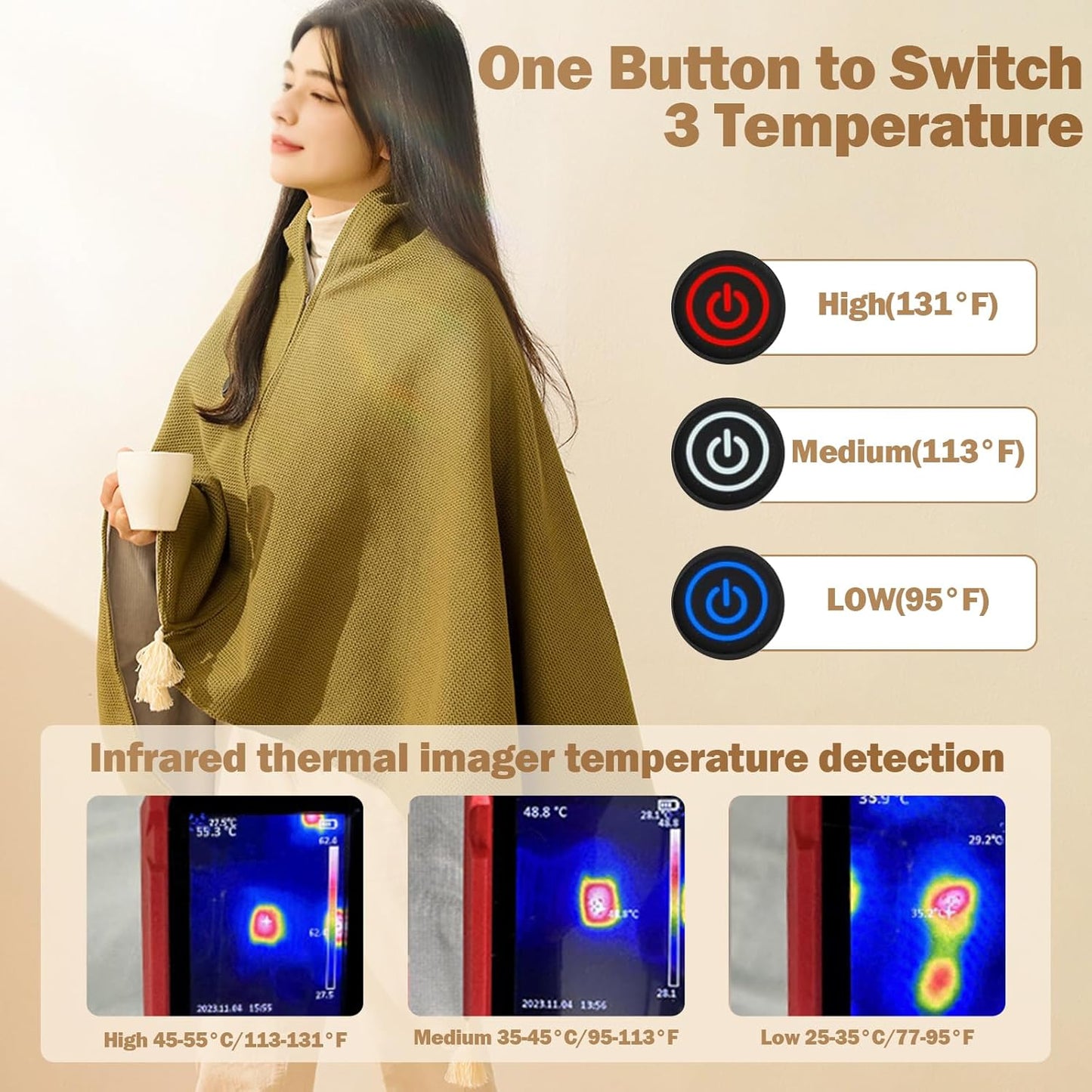 Portable Heated Shawl, 59"x 32" Cordless Electric Heated Blanket with 3 Heating Levels for Car, Home, Camping, USB Heated Shawl Wraps for Women, Winter Present for Mom Girlfriend Grandma (Wine-red) - Image 2