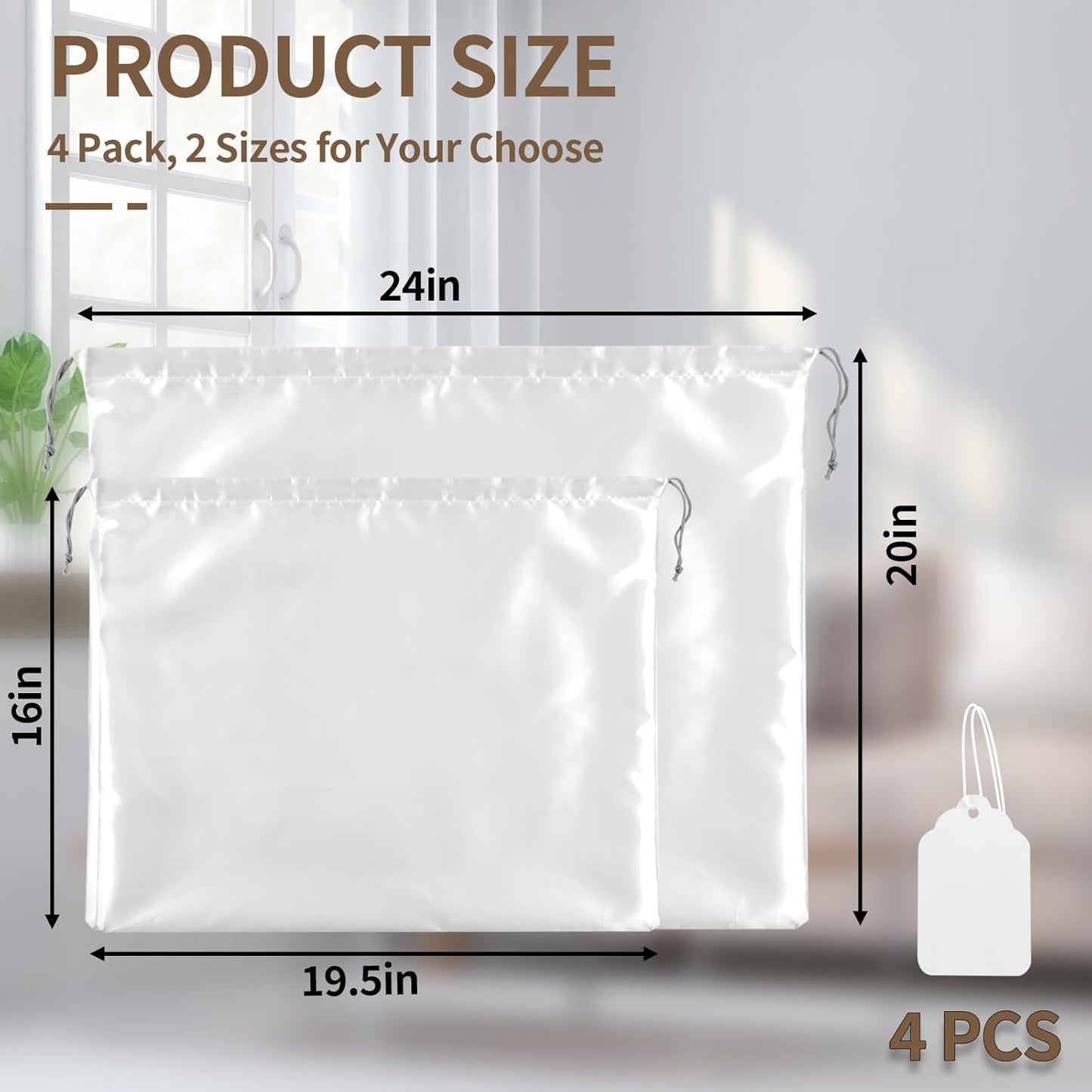 4 Pack Dust Bags for Handbags, Dust Cover Bag for Handbags Purses Cloth Shoes, Silk Large & Middle Daily Travel Storage Pouch Dustproof Drawstring Bag (White, 2 PCS, 24 x 20", 2 PCS, 19.5 x 16") - Image 2