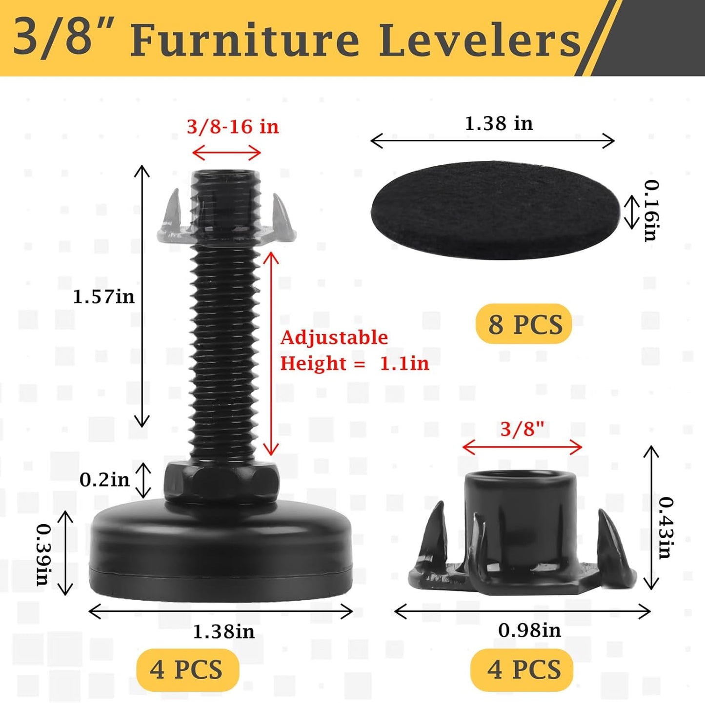 3/8" Thread Furniture Feet Levelers, Adjustable Furniture Feet Screw in with Threaded Inserts, Heavy Duty Leveling Feet Screw On Furniture Leveling for Table, Cabinets, Chair, Sofa, 4 Pack, Black - Image 2