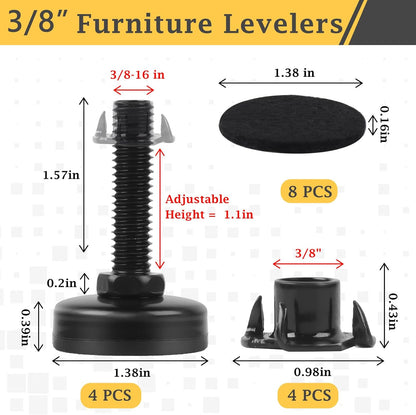 3/8" Thread Furniture Feet Levelers, Adjustable Furniture Feet Screw in with Threaded Inserts, Heavy Duty Leveling Feet Screw On Furniture Leveling for Table, Cabinets, Chair, Sofa, 4 Pack, Black - Image 2
