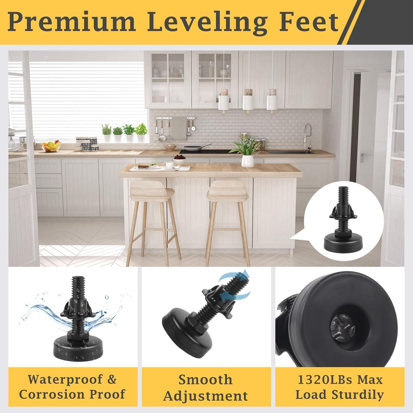 3/8" Thread Furniture Feet Levelers, Adjustable Furniture Feet Screw in with Threaded Inserts, Heavy Duty Leveling Feet Screw On Furniture Leveling for Table, Cabinets, Chair, Sofa, 4 Pack, Black - Image 4