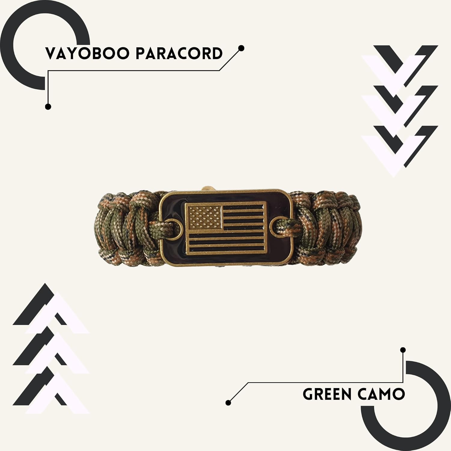 Paracord Bracelet - Tactical Survival Bracelet for Men with Bronze USA Flag - 3 Adjustable Sizes - Green Camo, L - Image 2