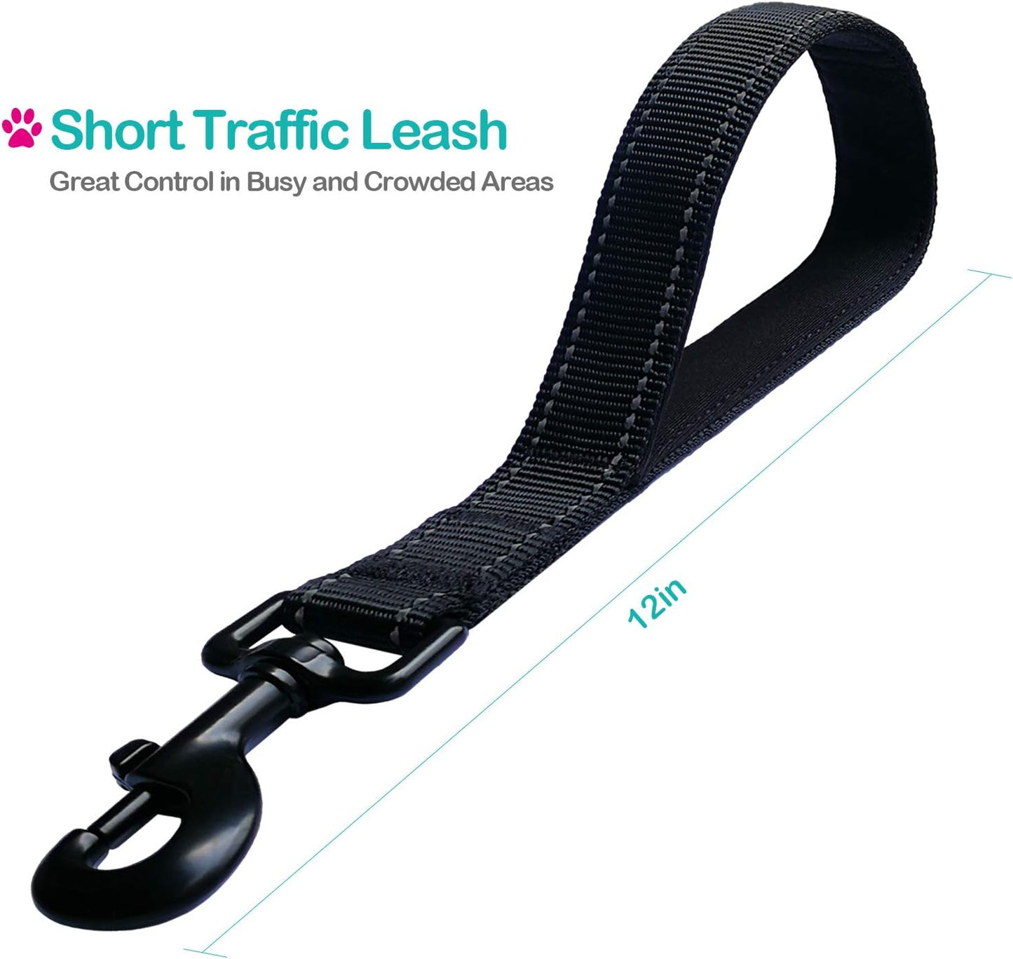 Short Dog Leash - Traffic Padded Handle - Heavy Duty - Short Nylon Dog Lead for Training Control - Reflective Threads Pet Leashes for Large Dogs and Medium Dogs (12 Inch, Reflective Black) - Image 2
