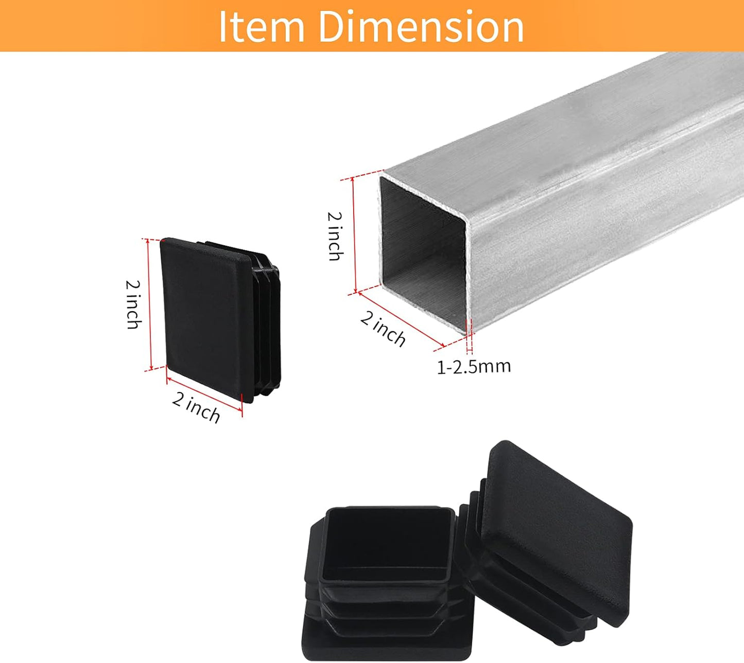 , 2 Inch 2x2 Square Tube End Cap Plastic Plugs 12 Pack, 2 Inch 2x2 Square Tubing Plug 2x2 Tube End Caps Fence Post Pipe Cap Cover Tubing Insert Chair Glide Finishing Plugs, Black - Image 2