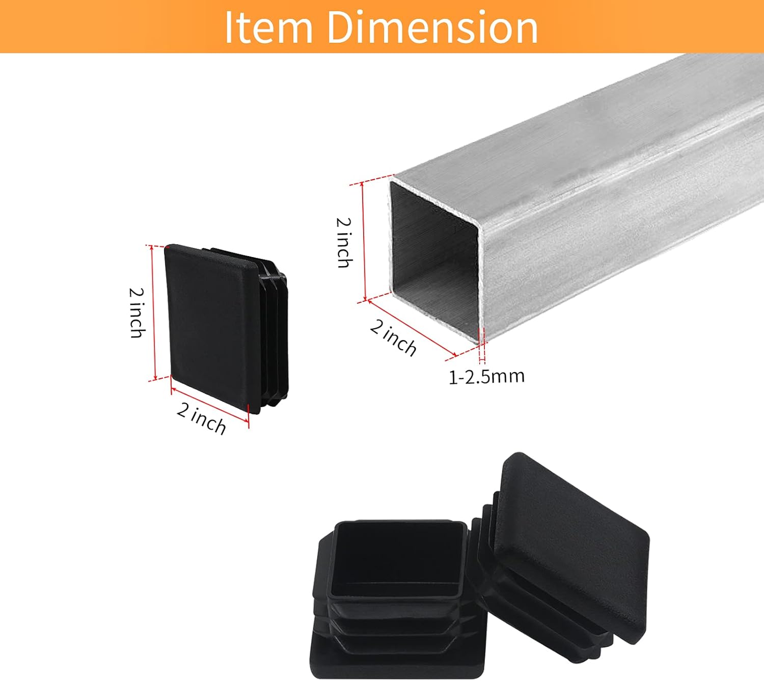 , 2 Inch 2x2 Square Tube End Cap Plastic Plugs 12 Pack, 2 Inch 2x2 Square Tubing Plug 2x2 Tube End Caps Fence Post Pipe Cap Cover Tubing Insert Chair Glide Finishing Plugs, Black - Image 2