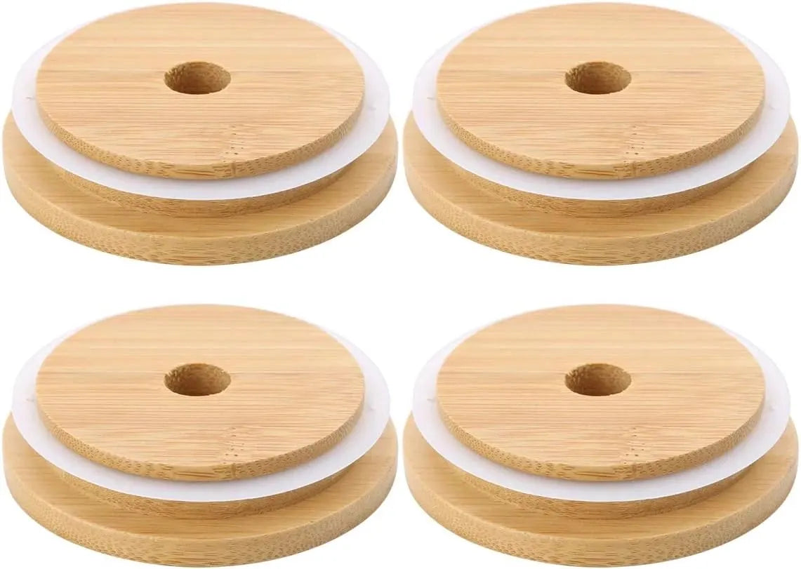 4 Pack 86mm Wide Mouth Bamboo Mason Jar Lids with Straw Hole Reusable Bamboo Caps Leak-Proof Glass Canning Drinking Storage Jars Lid