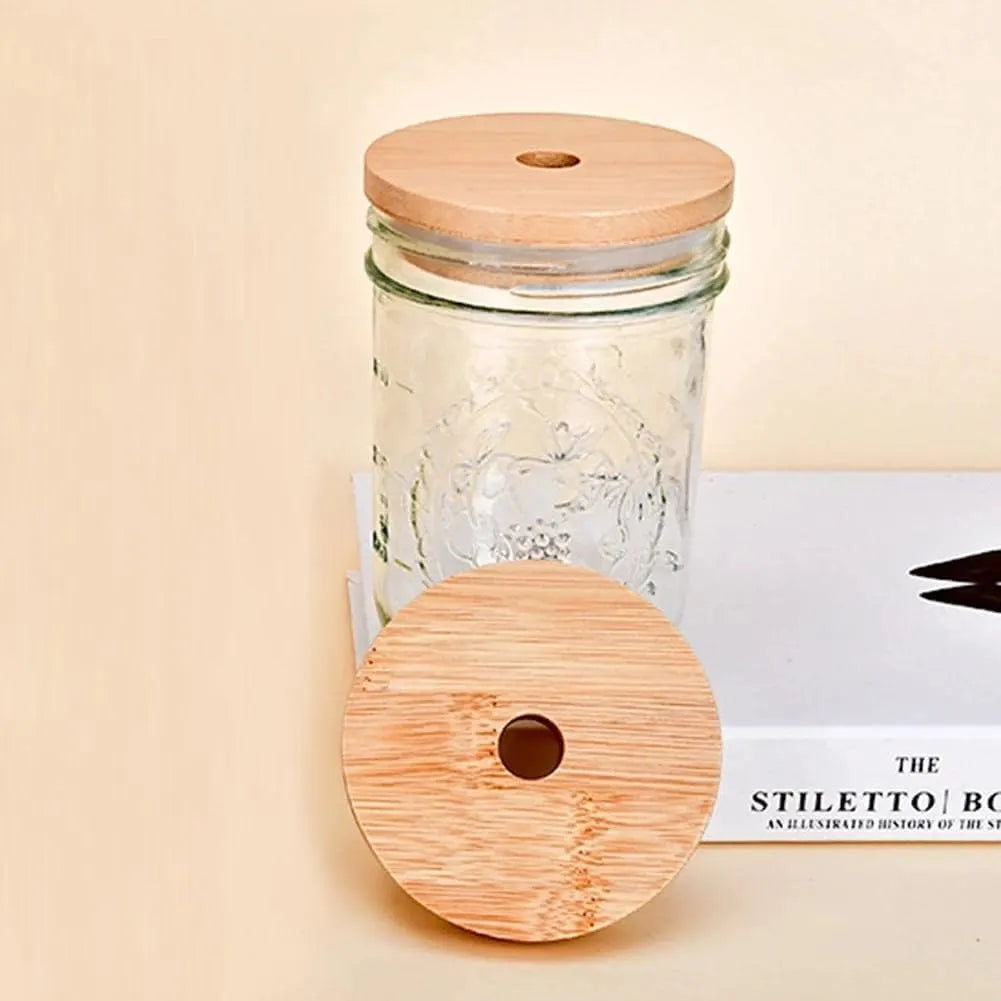 4 Pack 86mm Wide Mouth Bamboo Mason Jar Lids with Straw Hole Reusable Bamboo Caps Leak-Proof Glass Canning Drinking Storage Jars Lid - Image 3