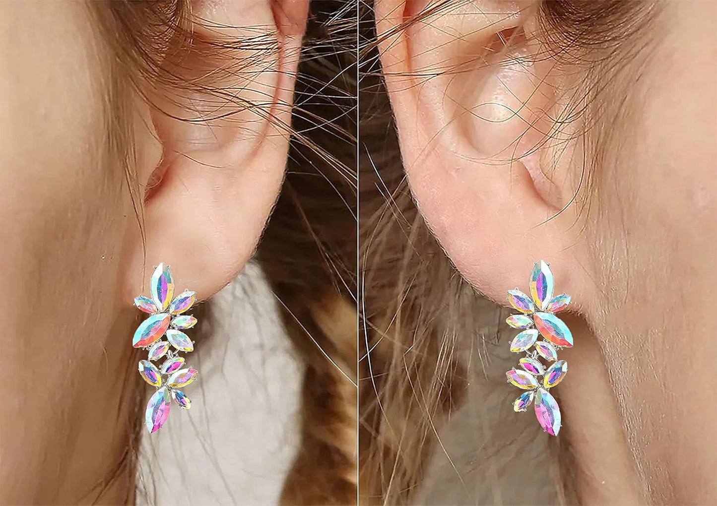 Iridescent Rhinestone Earrings for Prom, Sparkling Bridal Cluster Drop Dangle Stud Earrings, AB Crystal Pageant - Image 3