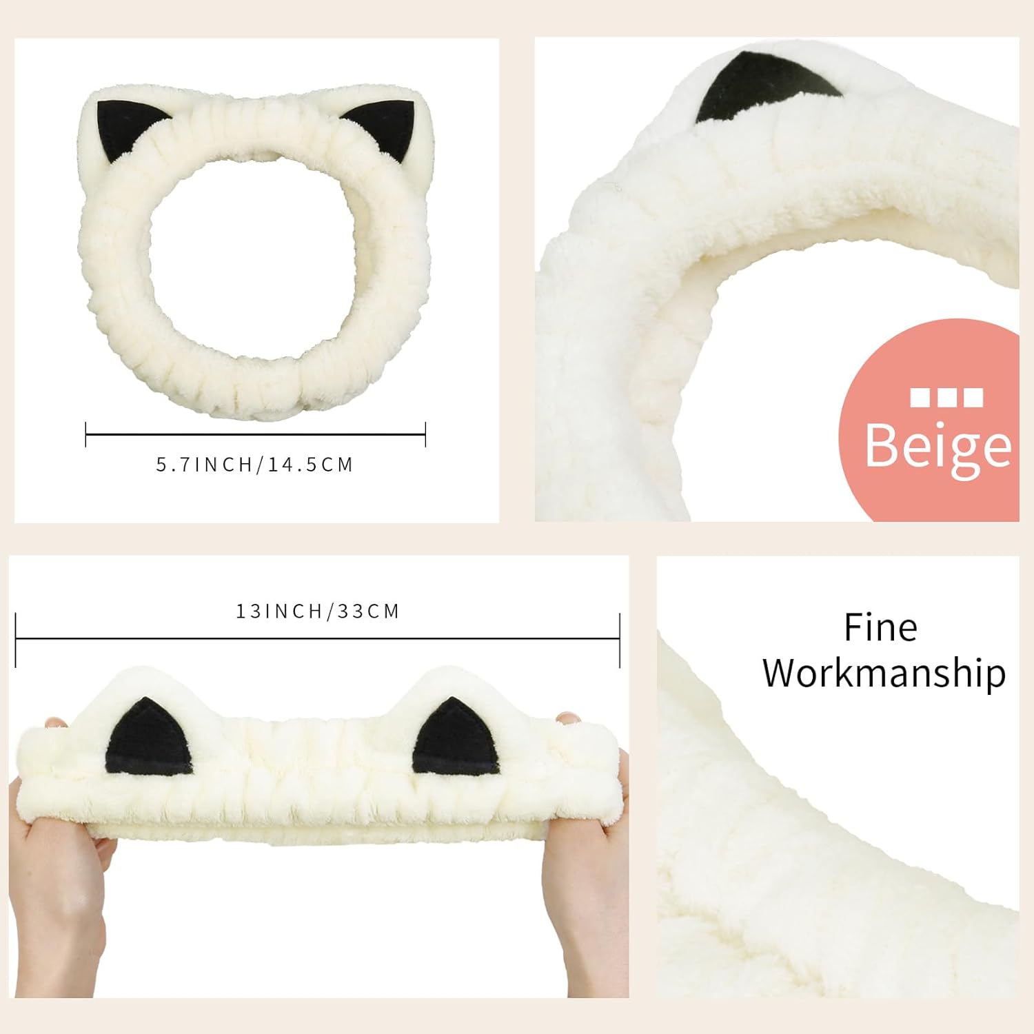 2 Packs Cute Cat Spa Headband for Washing Face Makeup Skincare, Animal Headbands for Women Girls Trendy Stuff Gifts Soft Coral Fleece Facial Wash Hair Accessories (Beige+ Khaki) - Image 2