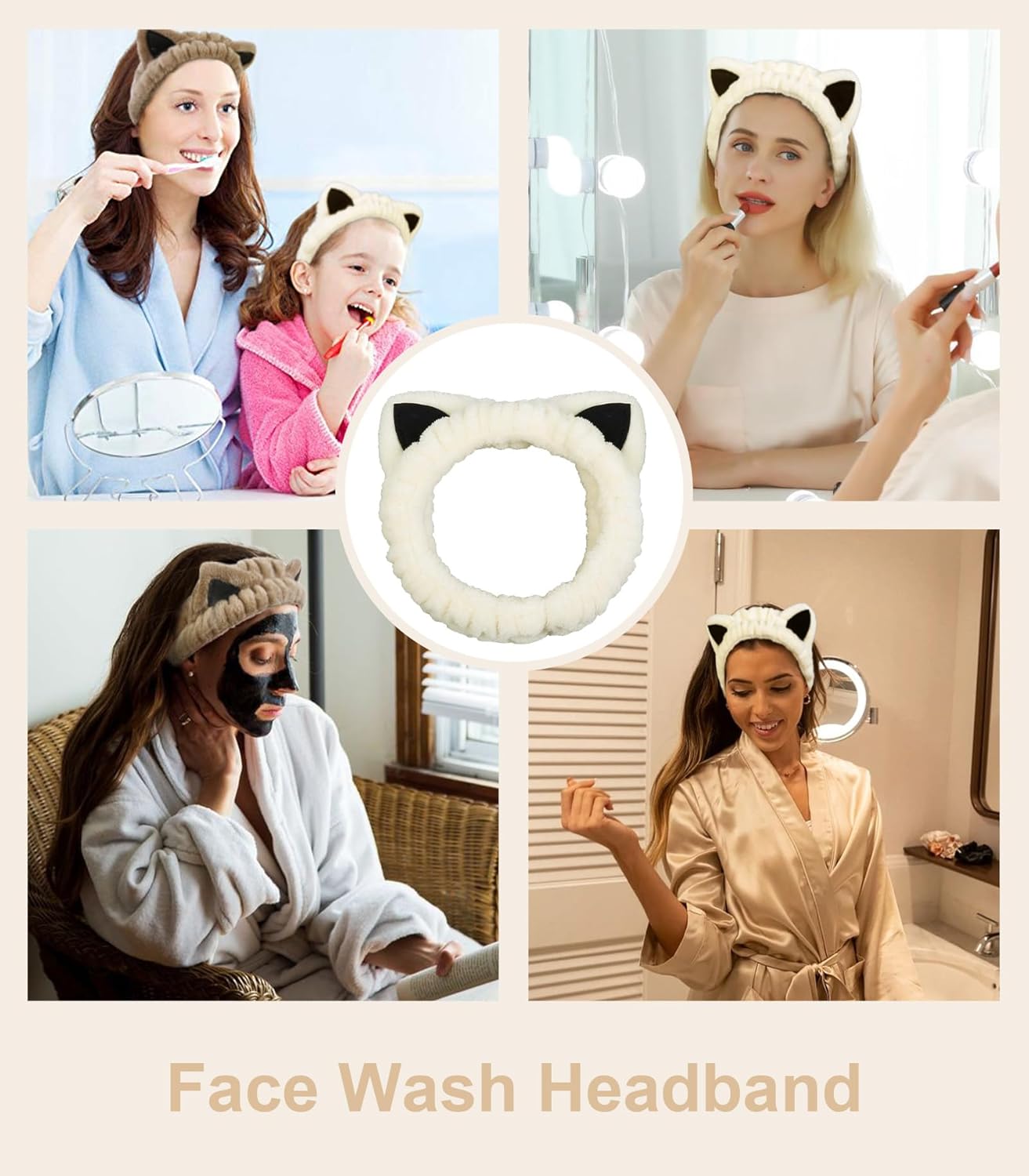 2 Packs Cute Cat Spa Headband for Washing Face Makeup Skincare, Animal Headbands for Women Girls Trendy Stuff Gifts Soft Coral Fleece Facial Wash Hair Accessories (Beige+ Khaki) - Image 3