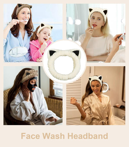 2 Packs Cute Cat Spa Headband for Washing Face Makeup Skincare, Animal Headbands for Women Girls Trendy Stuff Gifts Soft Coral Fleece Facial Wash Hair Accessories (Beige+ Khaki) - Image 3