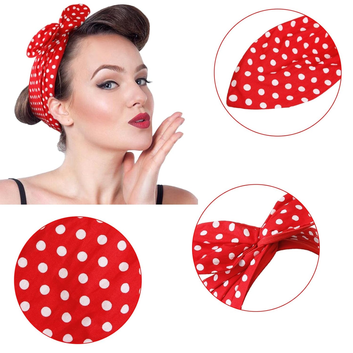 Red and White Polka Dot Bandana Headband Vintage Wire Hairband with Bow Wide Headbands Retro 50s Hair Accessories for Women Girls - Image 3
