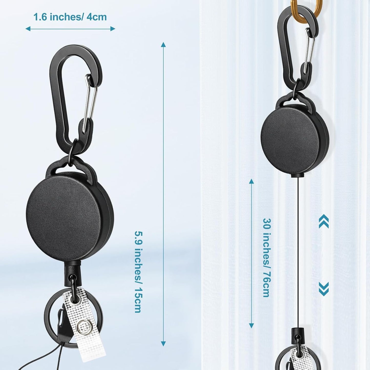 2 Pack Retractable Keychain Heavy Duty Retractable Badge Reel Carabiner with 30” Retractable Cord, Black - Image 2