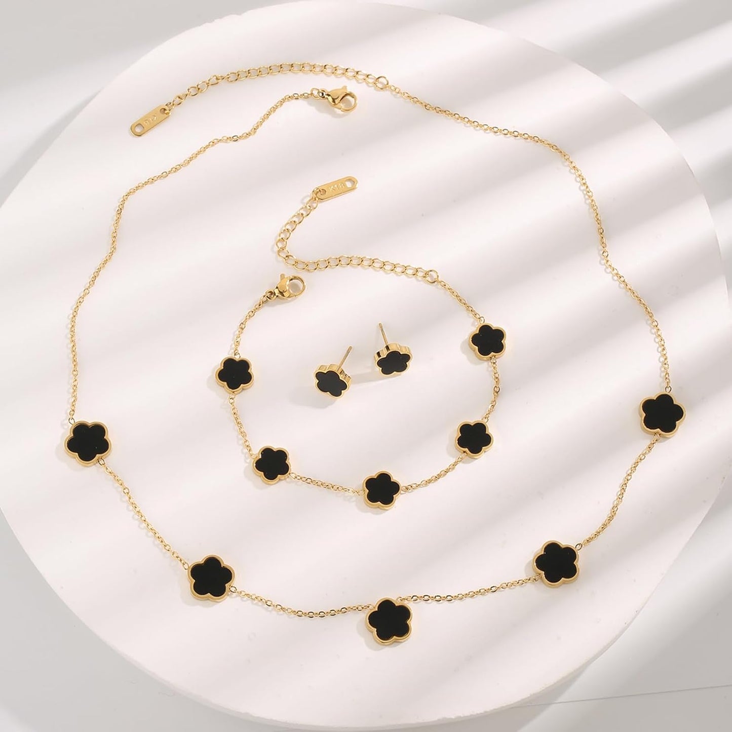 Lucky Clover 18K Gold Plated Clover Necklace Bracelet Earring for Women Fashion Cute Simple Jewelry Sets Hypoallergenic Women Jewelry Gift (Black) - Image 2