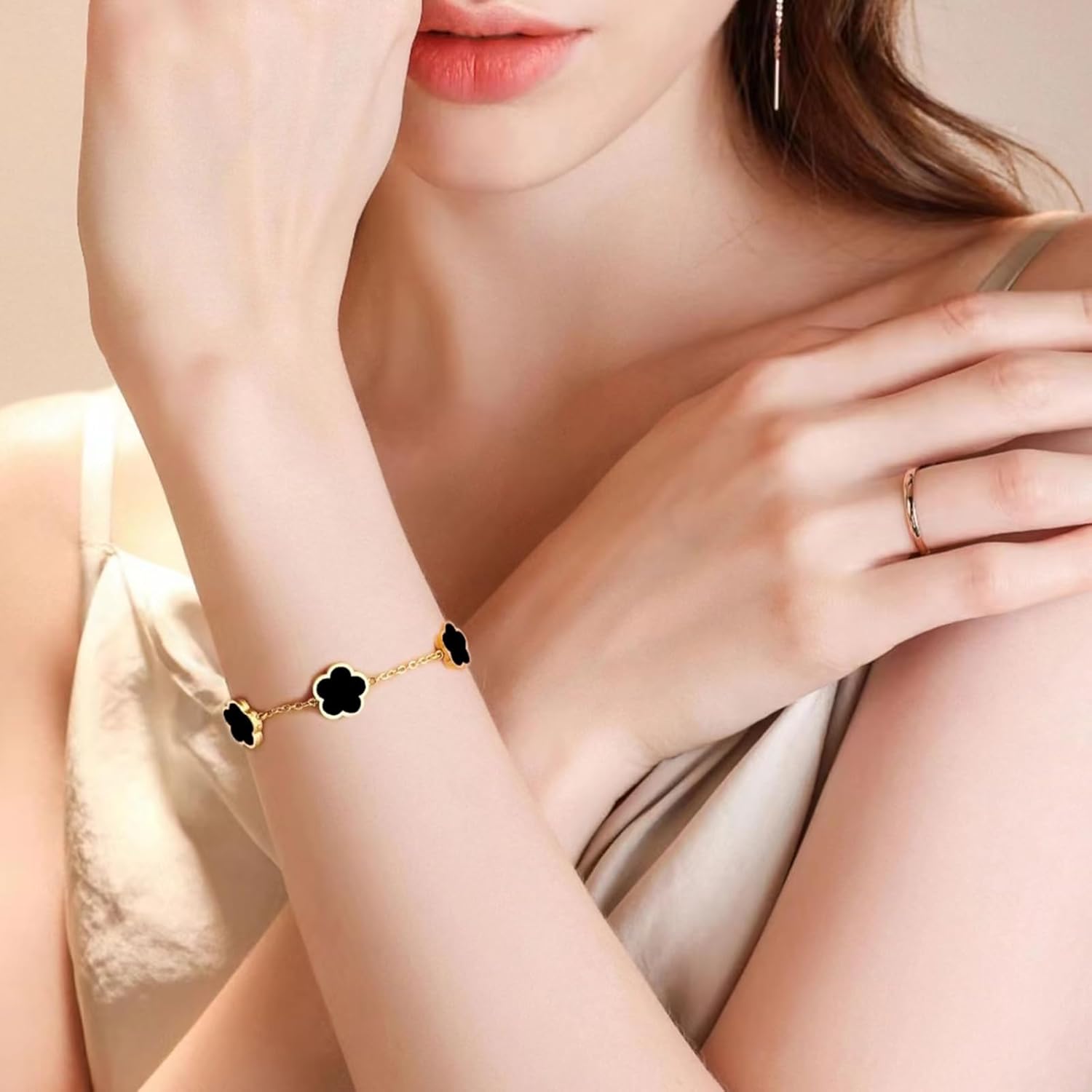 Lucky Clover 18K Gold Plated Clover Necklace Bracelet Earring for Women Fashion Cute Simple Jewelry Sets Hypoallergenic Women Jewelry Gift (Black) - Image 4