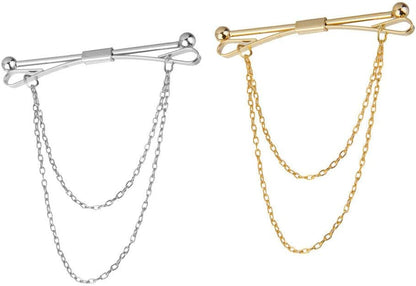 2pcs Men Gold Silver Collar Pin Bar Shirt Tie Stick Pin Brooch with Chain - Image 4