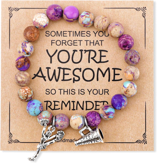 Cheer Bracelet, Imperial Stone Cheerleading Bracelet with Encouragement Card Charming Cheerleader Gifts Elegant Smooth Cheer Stuff with Cheerleader Jewelry Pendant