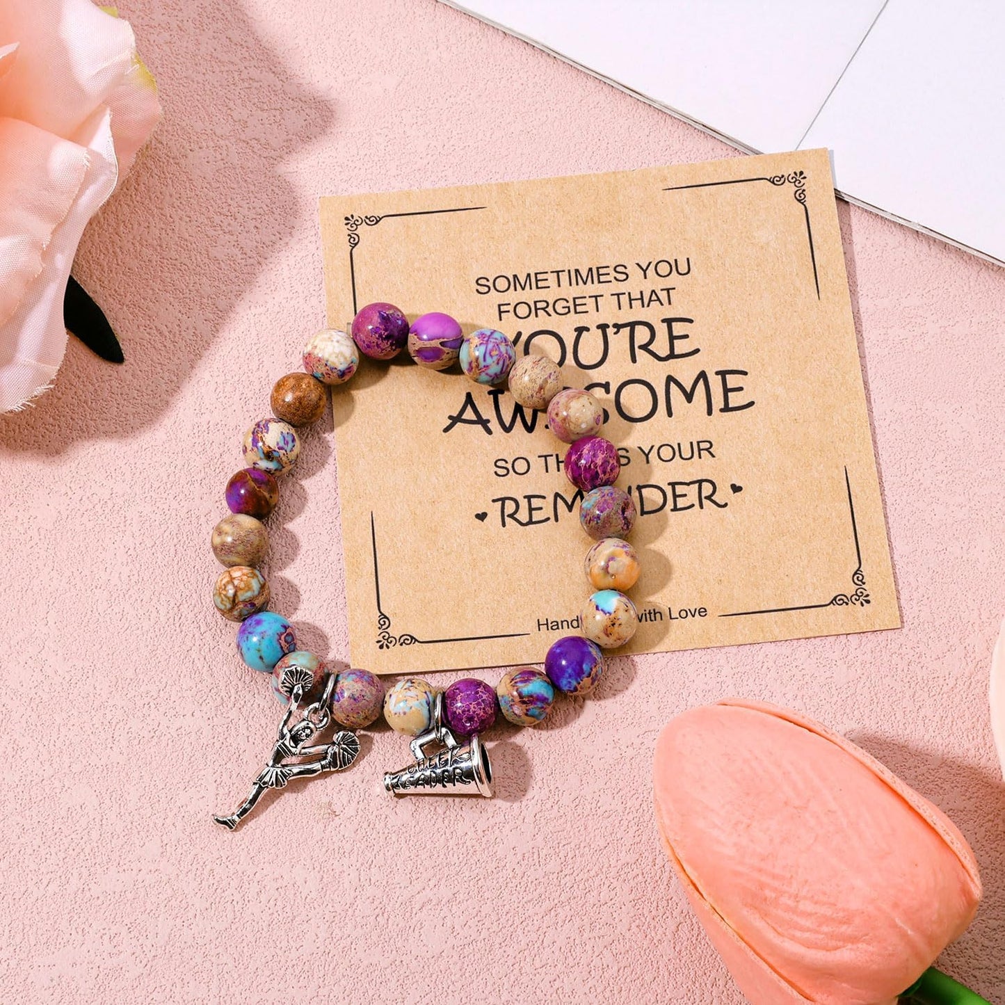 Cheer Bracelet, Imperial Stone Cheerleading Bracelet with Encouragement Card Charming Cheerleader Gifts Elegant Smooth Cheer Stuff with Cheerleader Jewelry Pendant - Image 3