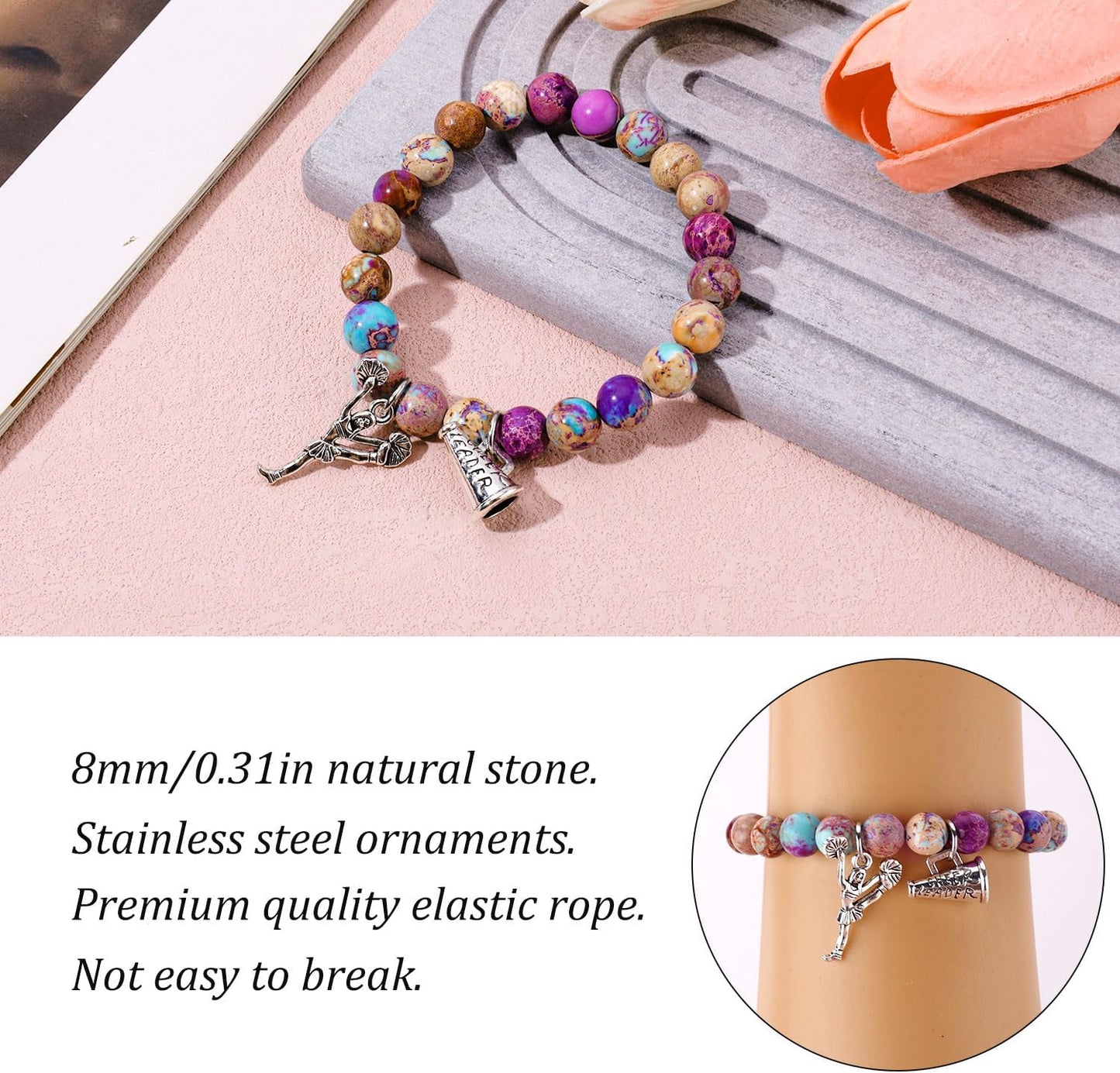 Cheer Bracelet, Imperial Stone Cheerleading Bracelet with Encouragement Card Charming Cheerleader Gifts Elegant Smooth Cheer Stuff with Cheerleader Jewelry Pendant - Image 4