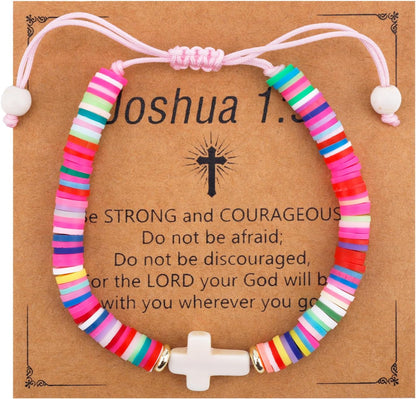 Cross Bracelet for Girls, Colorful Polymer Clay Christian Jesus Religious Confirmation Bracelet with Motivational Card First Holy Communion Gifts for Daughter Sister Teenage Girls