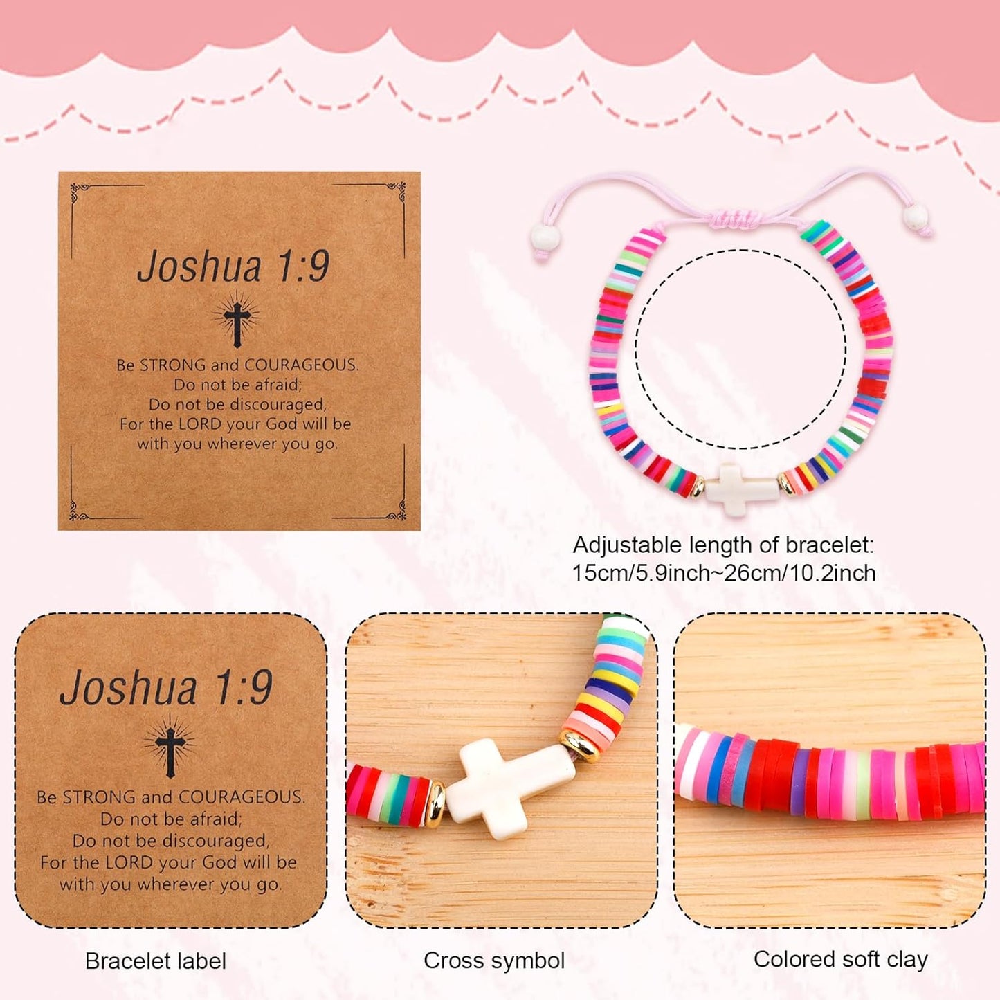 Cross Bracelet for Girls, Colorful Polymer Clay Christian Jesus Religious Confirmation Bracelet with Motivational Card First Holy Communion Gifts for Daughter Sister Teenage Girls - Image 2