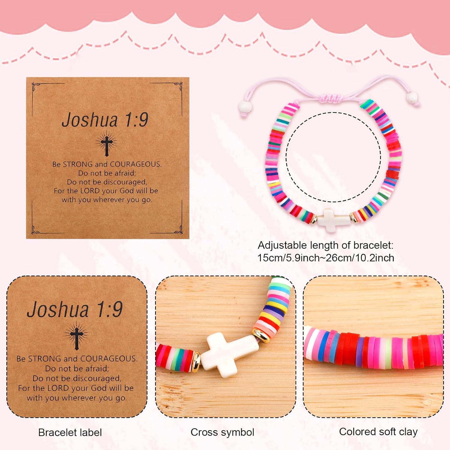 Cross Bracelet for Girls, Colorful Polymer Clay Christian Jesus Religious Confirmation Bracelet with Motivational Card First Holy Communion Gifts for Daughter Sister Teenage Girls - Image 2