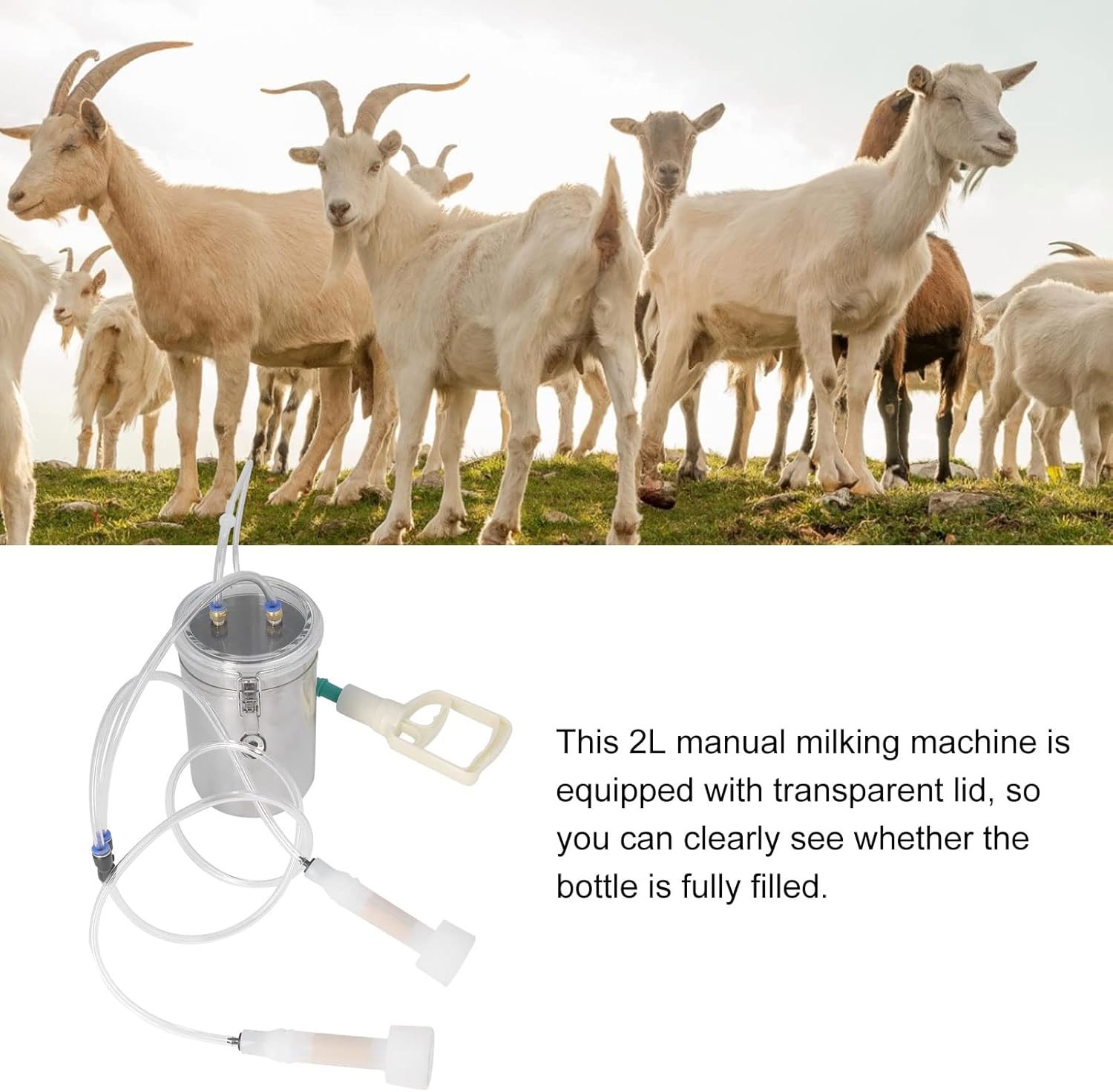 2L Goat Milking Machine, Large Capacity Manual Milking Machine Effort Saving Goat Milker Adjustable Pulsating Pump Stainless Steel Bottle Portable Milking Kit for Sheep, Cow, Goat - Image 3