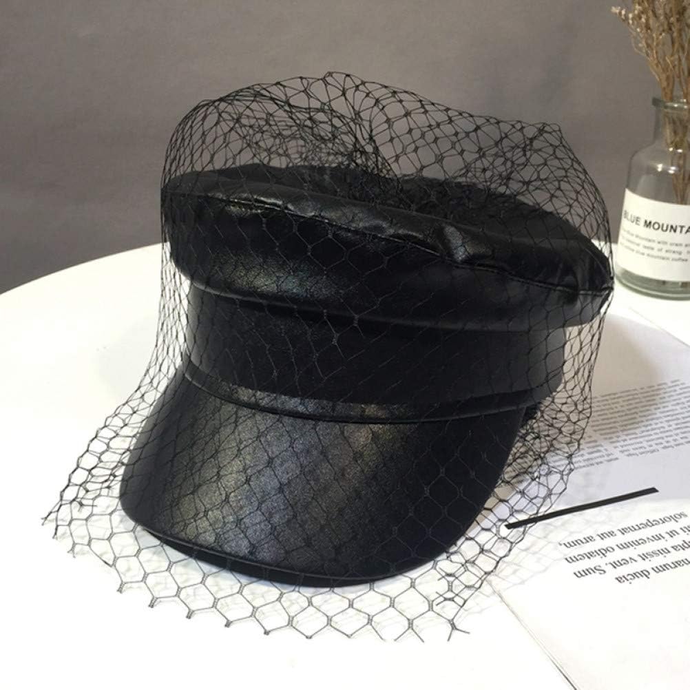 Spring Summer Octagol Cap Women Solid Black PU Lace Veil Newsboy Caps Fashion Beret Hats - Image 3