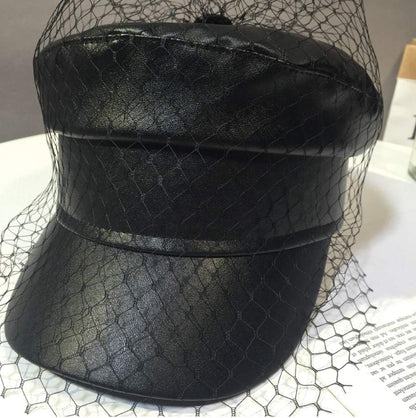 Spring Summer Octagol Cap Women Solid Black PU Lace Veil Newsboy Caps Fashion Beret Hats - Image 4