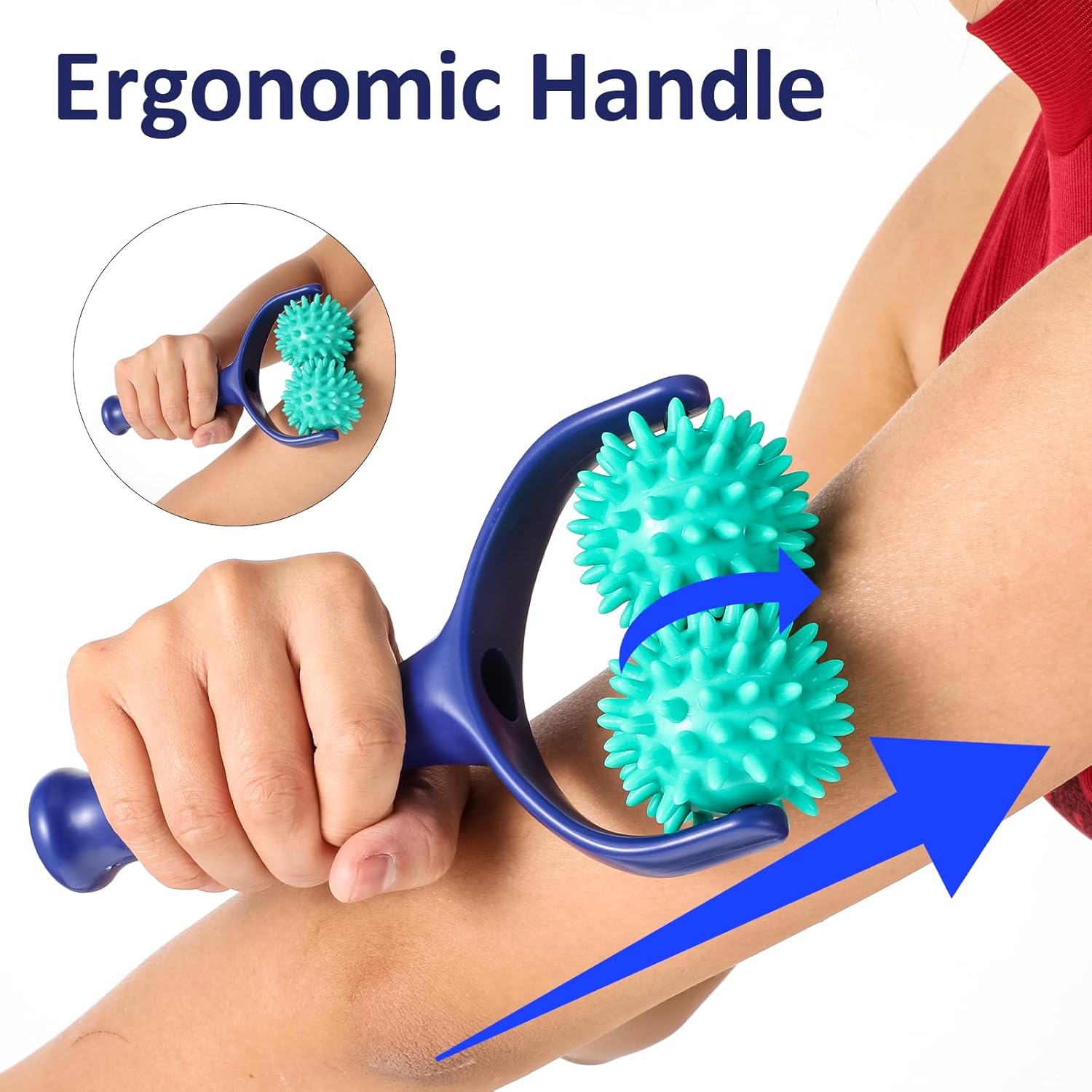 Handheld Spiky Massage Balls Rollers, 2 Wheel Spiky Massage Ball Rollers Silicone Manual Massage Roller with Handle Pressure Point Muscle Massage Tool for Foot Arm Body Neck Leg Pain Pressure Relief - Image 4