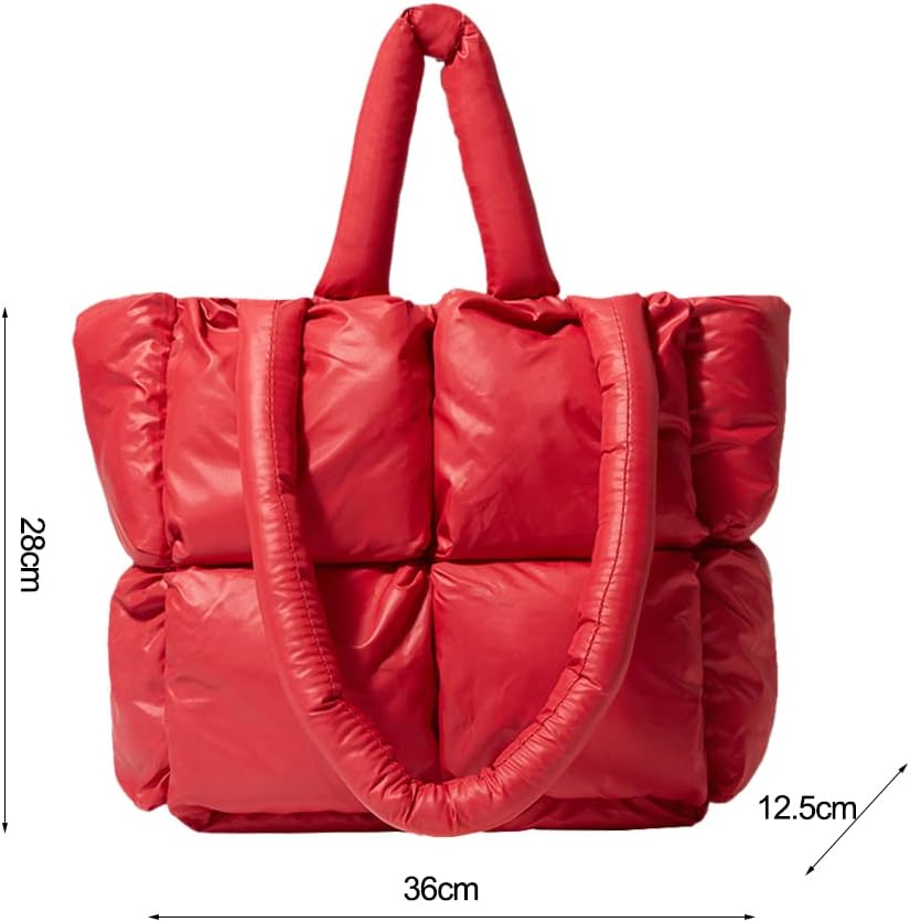 Large Quilted Tote Bag Lightweight, Checkered Shoulder Bag Casual Solid Color Underarm Bags Red - Image 3