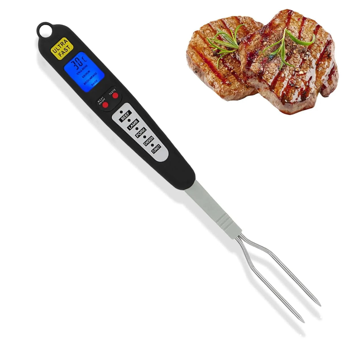 Digital Meat Thermometer Fork, Fast Read Grill Thermometer with LED Display and Stainless Steel Probes for Steak Chicken Pork Turkey Hot Grilled Food