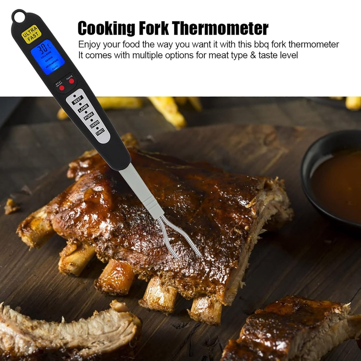 Digital Meat Thermometer Fork, Fast Read Grill Thermometer with LED Display and Stainless Steel Probes for Steak Chicken Pork Turkey Hot Grilled Food - Image 4