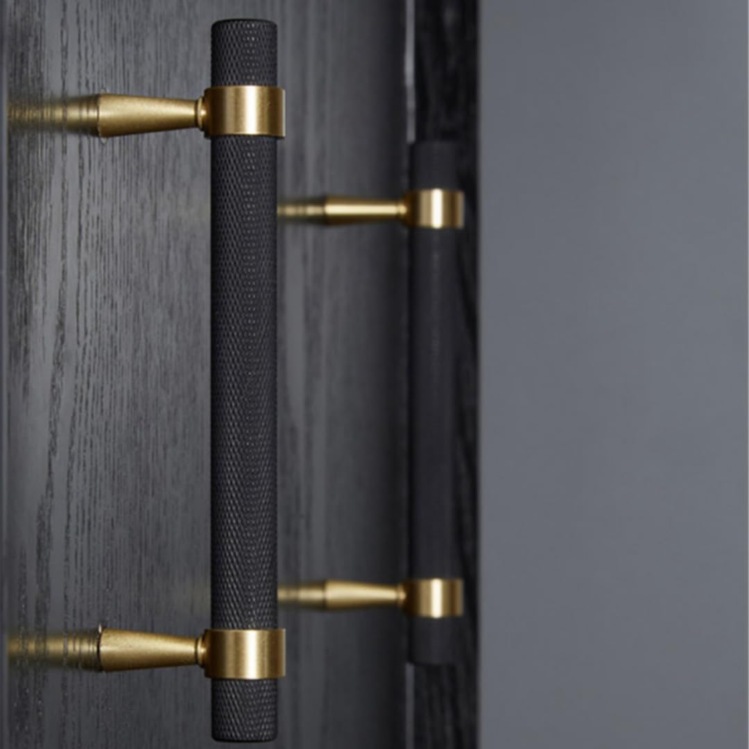 2PCS/Lot Solid Brass Cabinet Pulls Modern Gold with Black Knurled Textured Cabinet Handles Brass Pulls for Dresser Door Drawer Cabinet Hardware (128mm(96mm Hole Centers))