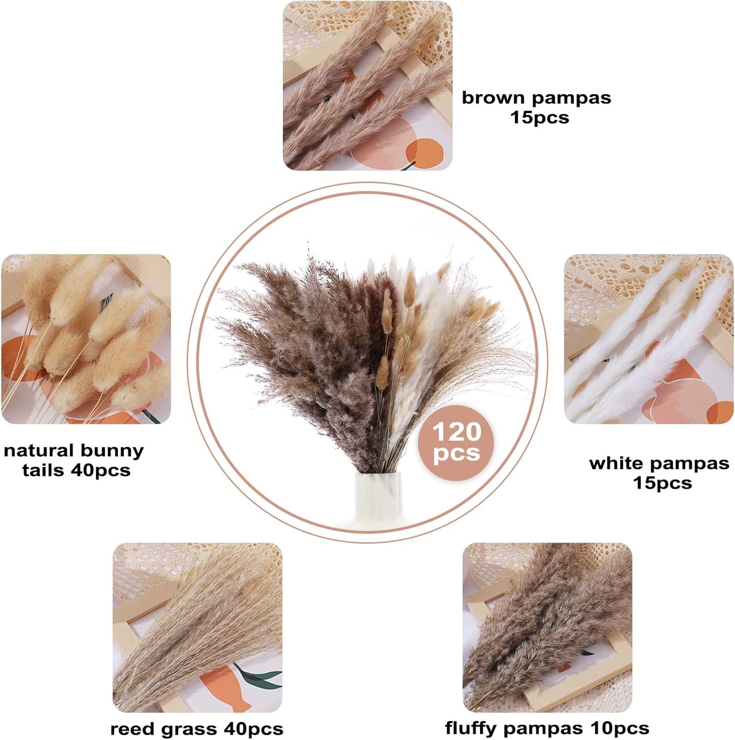 120 Pcs Dried Pampas Grass 17 Inch White Pompas Bouquet Fluffy Dry Pompous Bunny Tails Flower Small Pampass for Room Boho Home Farmhouse Decorations Wedding Pompass Flowers Arrangement Decor - Image 2