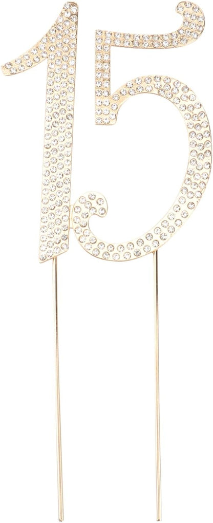 15 Cake Topper Birthday Number 15 Crystal Rhinestones Cake Topper 15th Cake Decoration for Birthday Anniversary Party Decoration Supplies (Gold)