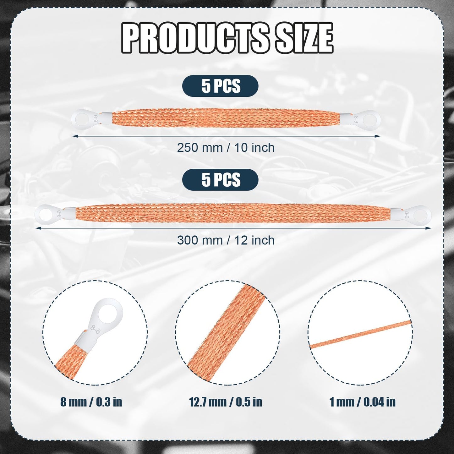 10pcs Universal Automotive Ground Straps, 10/12 inch Engine Ground Strap Kit Braided Copper Ground Straps Automotive Ground Strap Wire Ground Strap Connectors for Most Cars (Copper) - Image 2