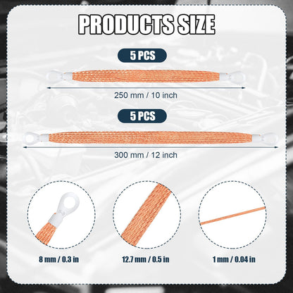 10pcs Universal Automotive Ground Straps, 10/12 inch Engine Ground Strap Kit Braided Copper Ground Straps Automotive Ground Strap Wire Ground Strap Connectors for Most Cars (Copper) - Image 2