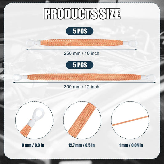 10pcs Universal Automotive Ground Straps, 10/12 inch Engine Ground Strap Kit Braided Copper Ground Straps Automotive Ground Strap Wire Ground Strap Connectors for Most Cars (Copper) - Image 2