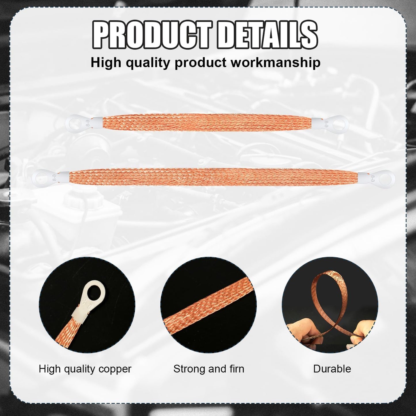 10pcs Universal Automotive Ground Straps, 10/12 inch Engine Ground Strap Kit Braided Copper Ground Straps Automotive Ground Strap Wire Ground Strap Connectors for Most Cars (Copper) - Image 3