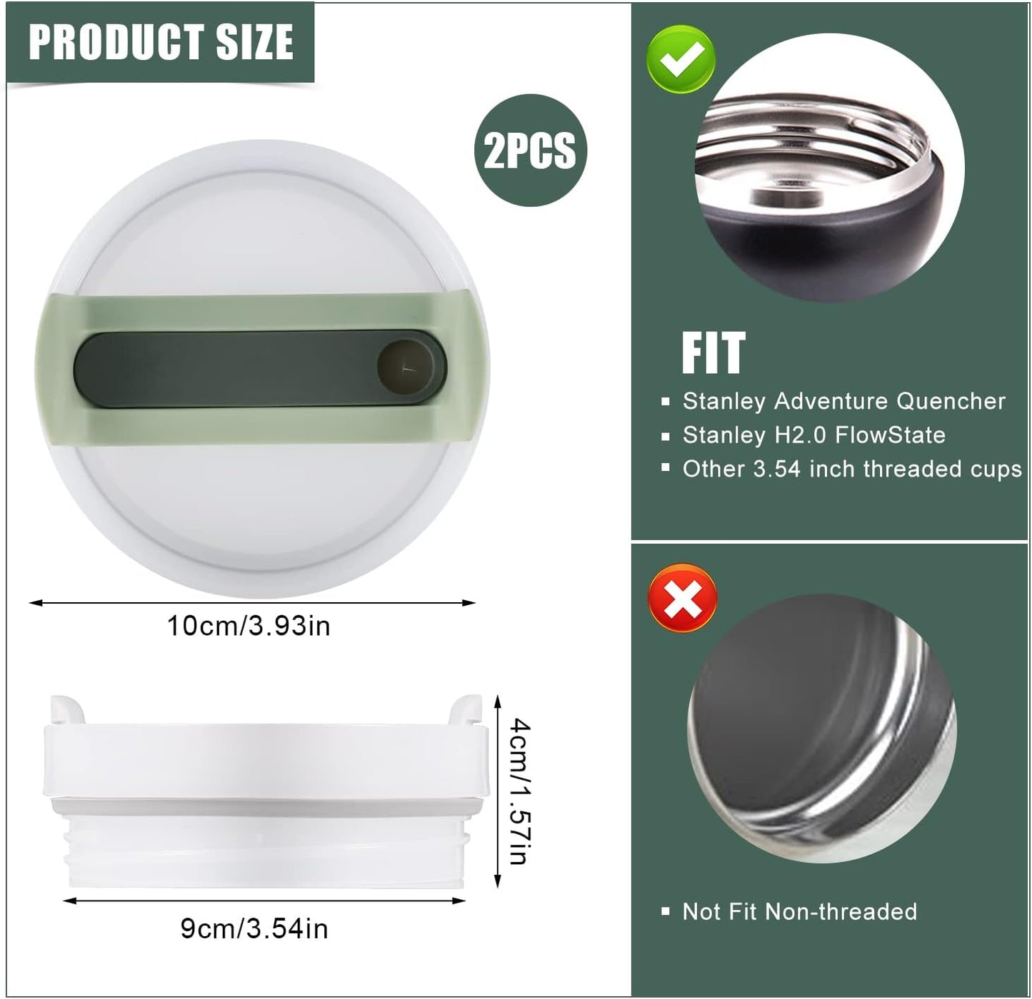 2pcs Green Tumbler Lids for Stanley Adventure Quencher & Quencher H2.0 40oz, No Leakage, Slide Closure, Plastic & Silicone, Dishwasher Safe - Image 2
