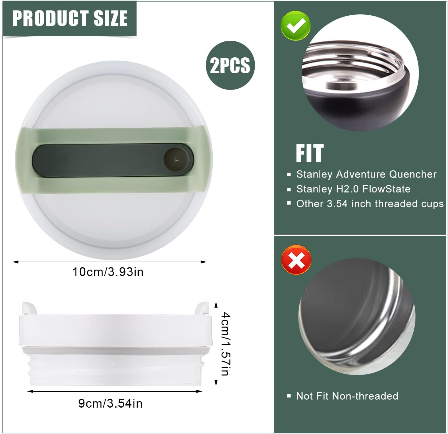 2pcs Green Tumbler Lids for Stanley Adventure Quencher & Quencher H2.0 40oz, No Leakage, Slide Closure, Plastic & Silicone, Dishwasher Safe - Image 2